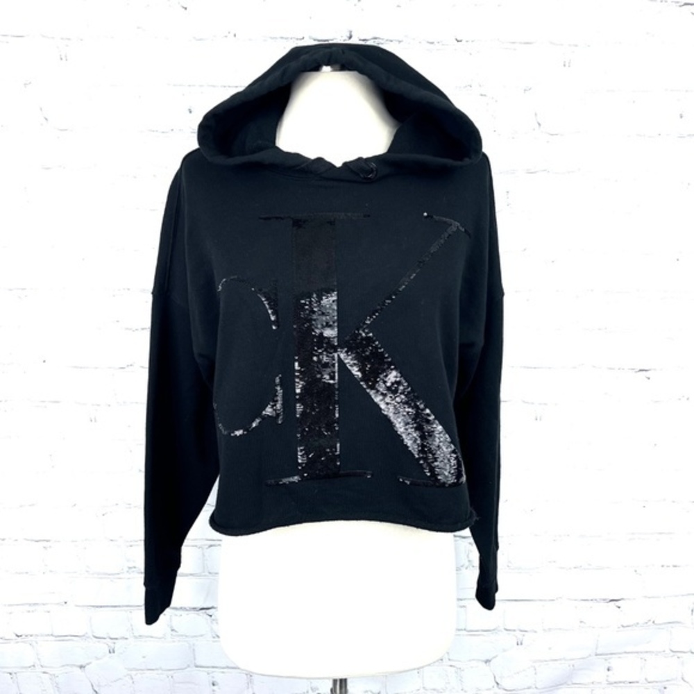 🖤|•CALVIN KLEIN•| Black Cropped Hooded Sweatshirt Sequin CK Logo🖤